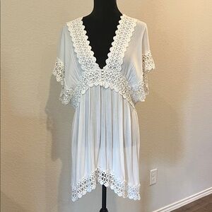 Blue Island White Lace Trim Swim Coverup